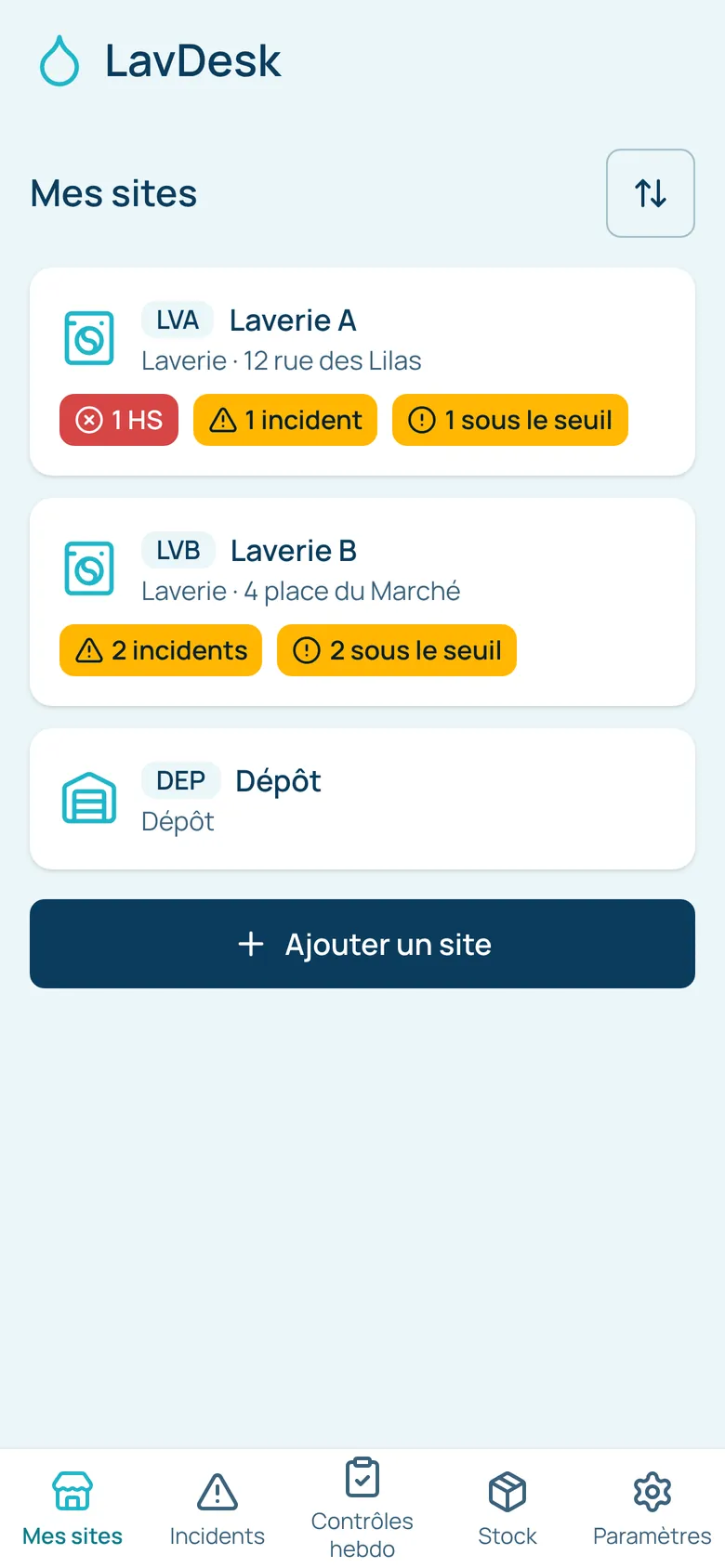 Écran d'accueil de LavDesk : deux laveries et un dépôt, avec une machine hors service, des incidents et des produits sous le seuil signalés.