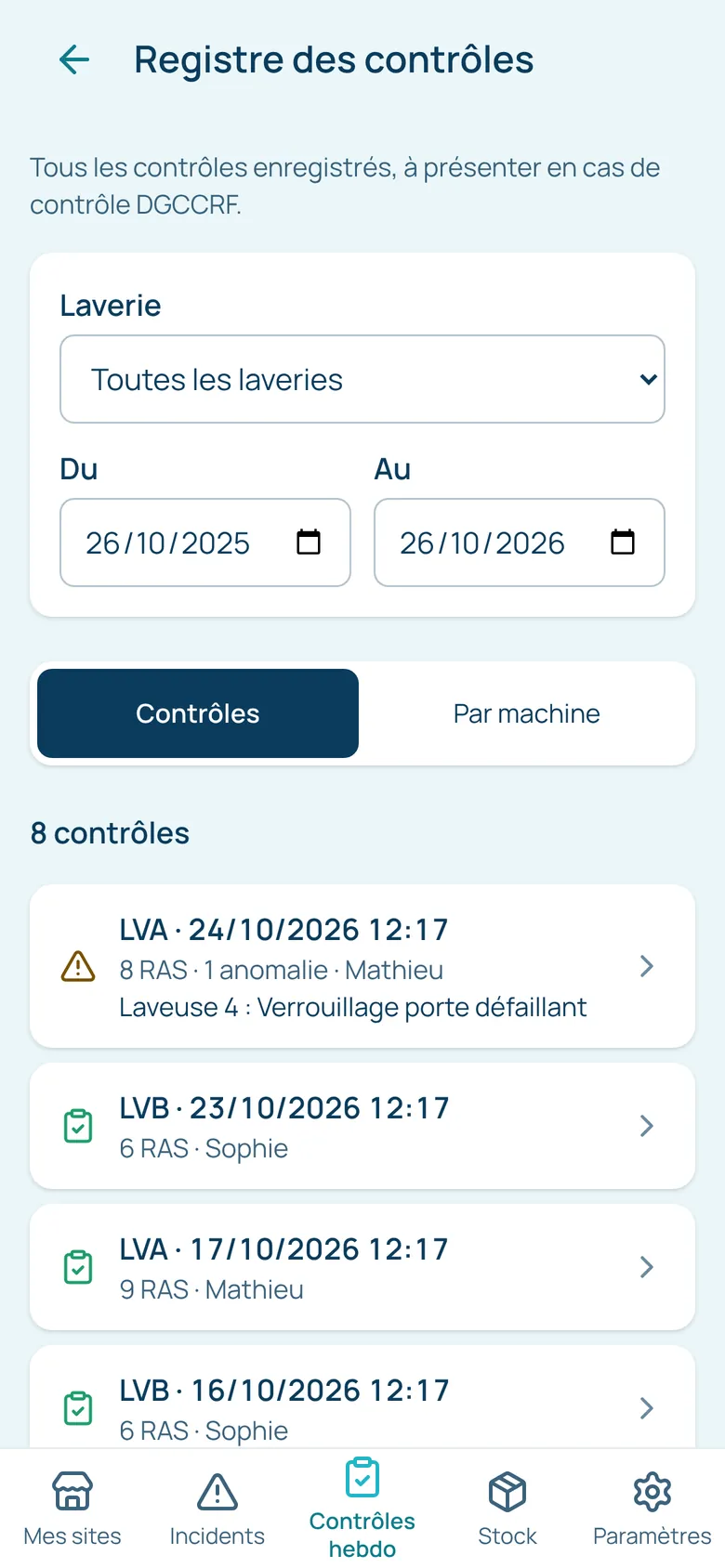Registre des contrôles filtré par laverie et par période, avec les anomalies signalées.